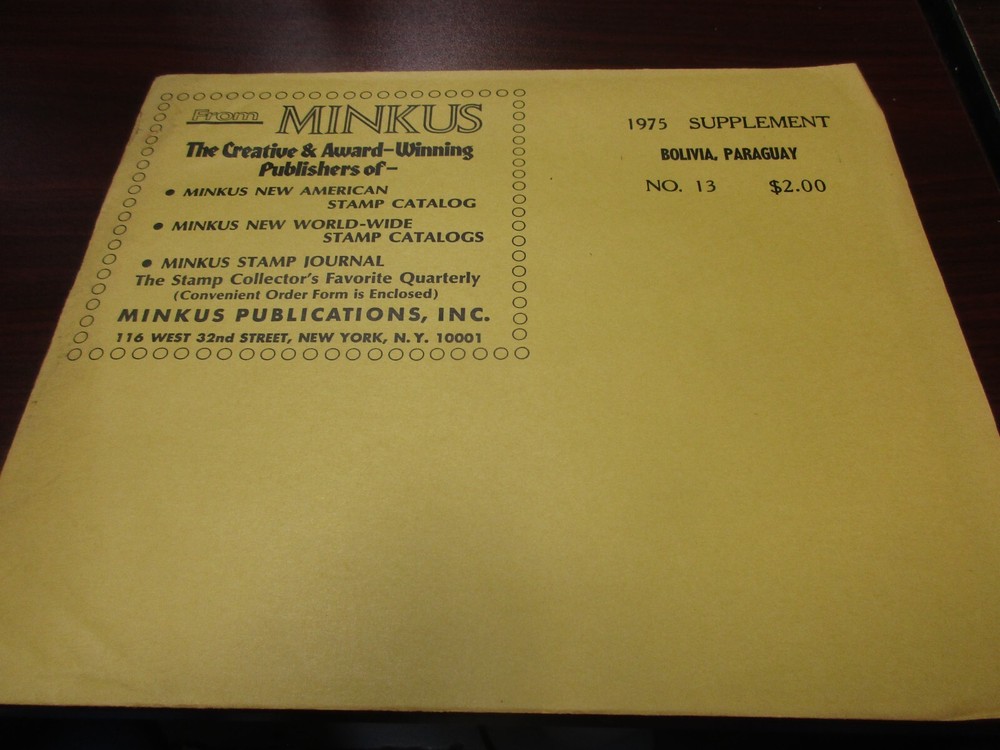 "MINKU" STAMP ALBUM  1975  SUPPLEMENT  BOLIVIA, PARAGUAY   W/FREE SHP.