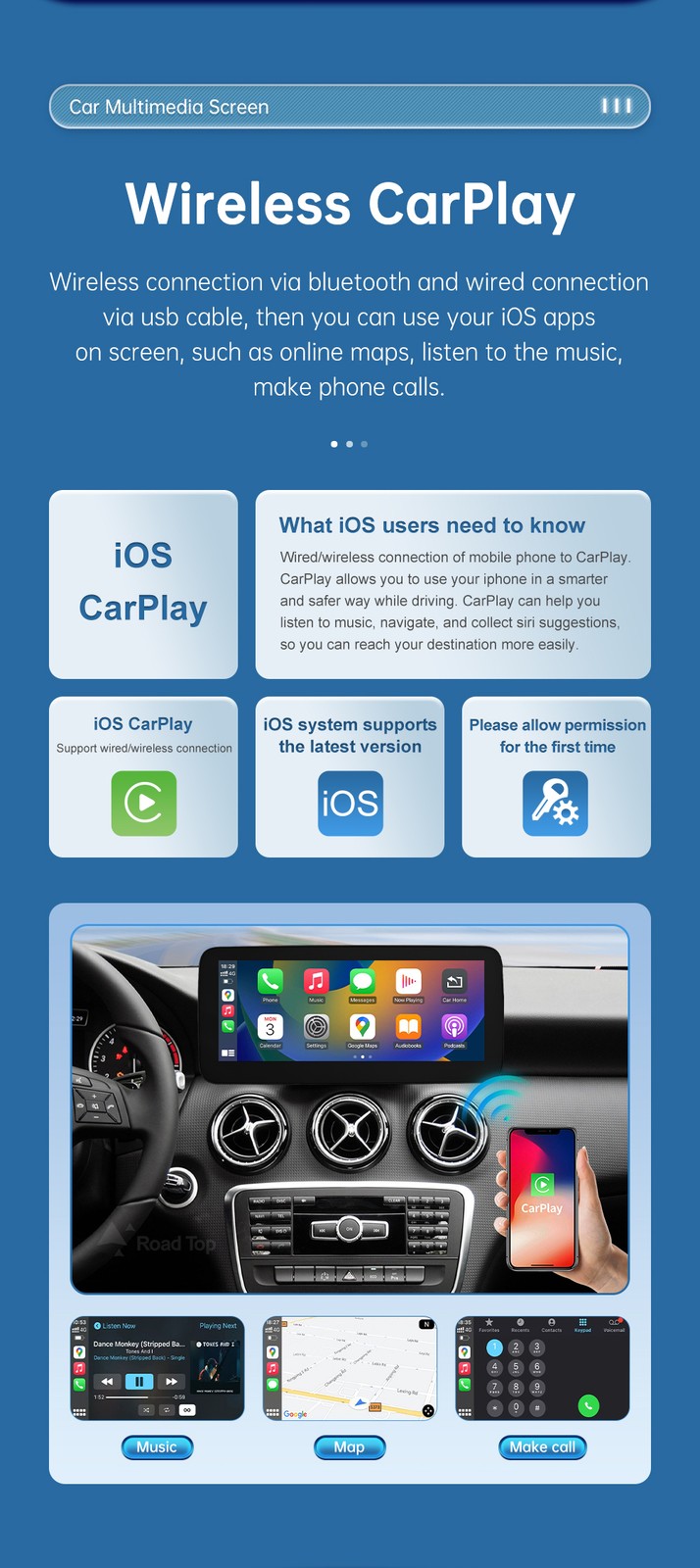 12.3" Wireless CarPlay Multimedia Touch Screen For Benz A B GLA CLA 2013-2019