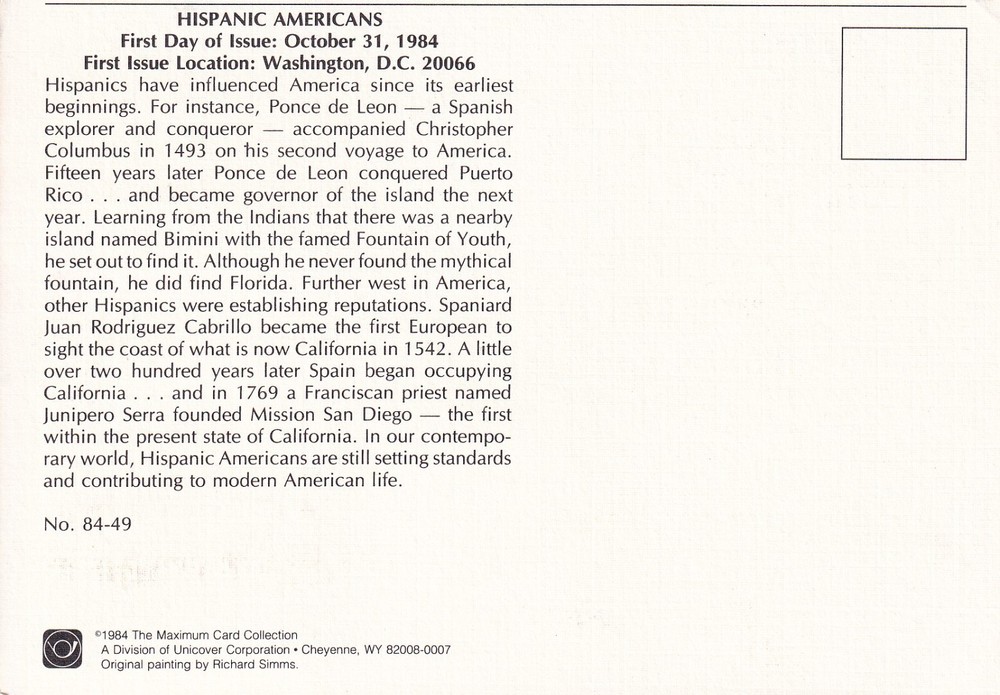 STAMP US SCOTT 2103 "Hispanic Americans" 20 CENT 1984 POSTCARD FDC - C