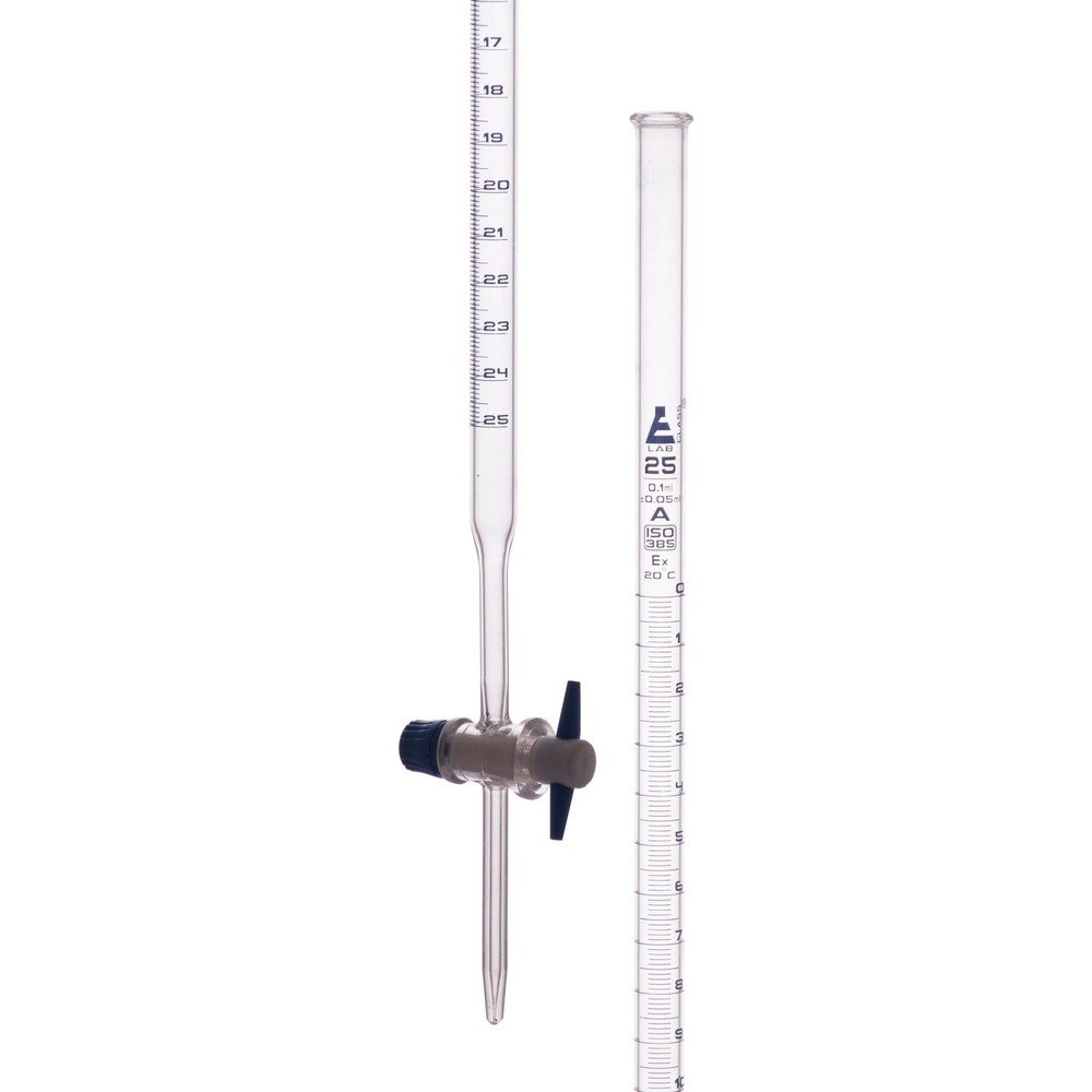 Borosilicate Burette, Straight Bore, PTFE Stopcock - 25mL - Class A