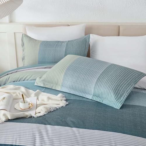 Comforter Set Size, Blue Striped Patchwork Comforter for Bed,3 King Dusty Blue