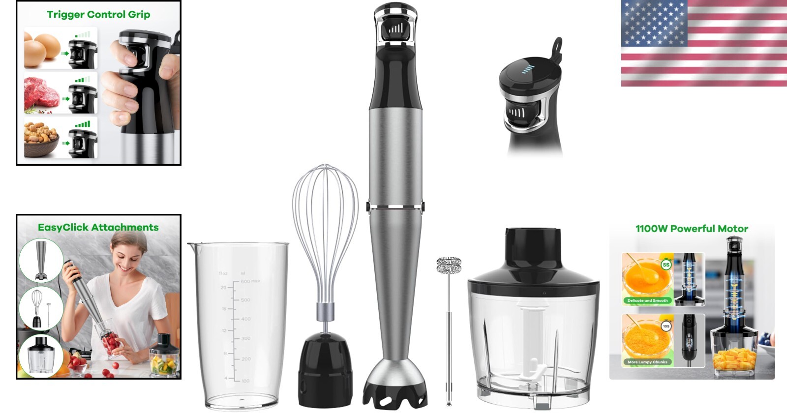 Variable Speed Immersion Blender with Whisk & Frother - Compact Kitchen Tool