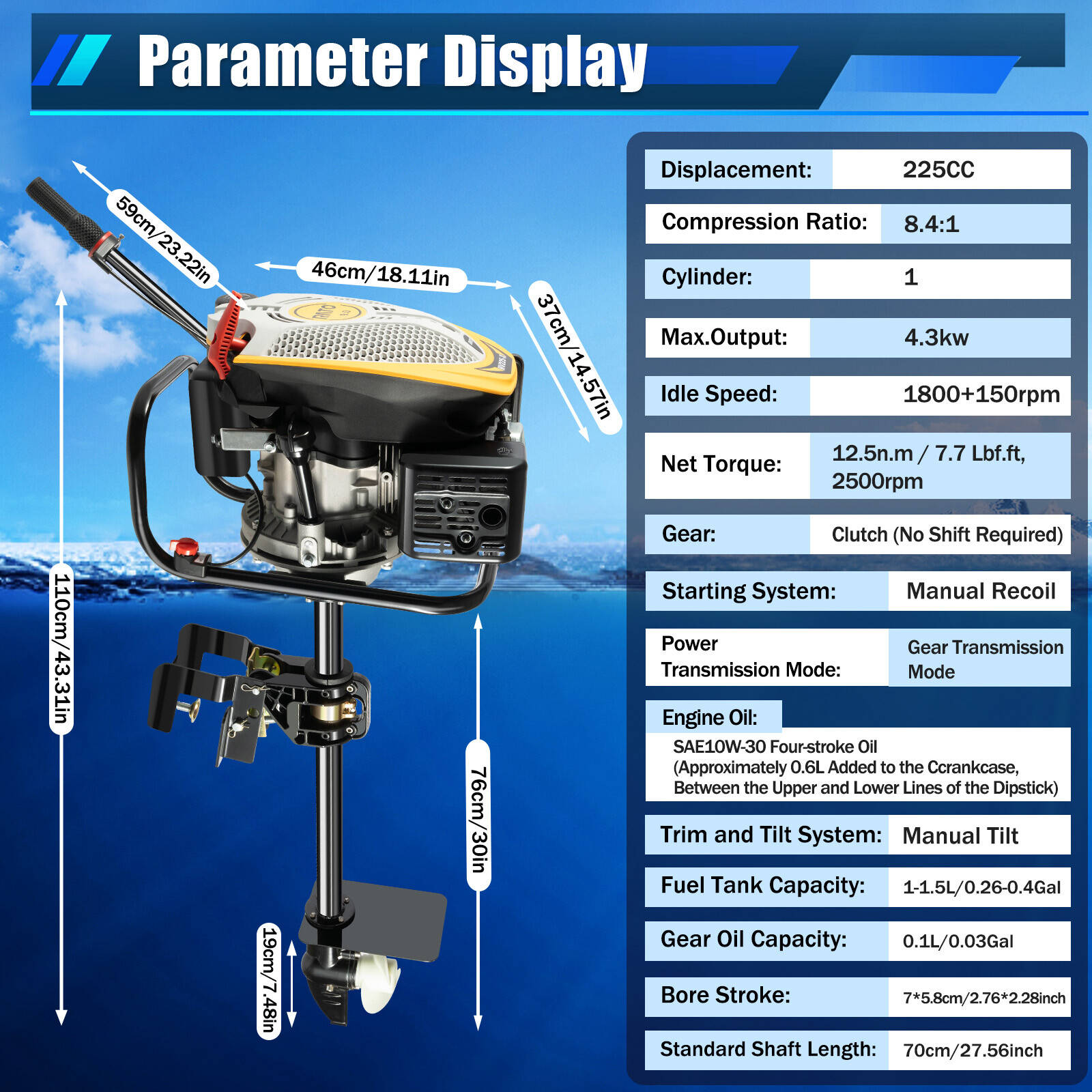4-Stroke 9 HP Outboard Motor Gas powered Boat Engine With Air Cooling Heavy Duty