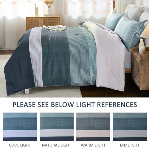 Comforter Set Size, Blue Striped Patchwork Comforter for Bed,3 King Dusty Blue