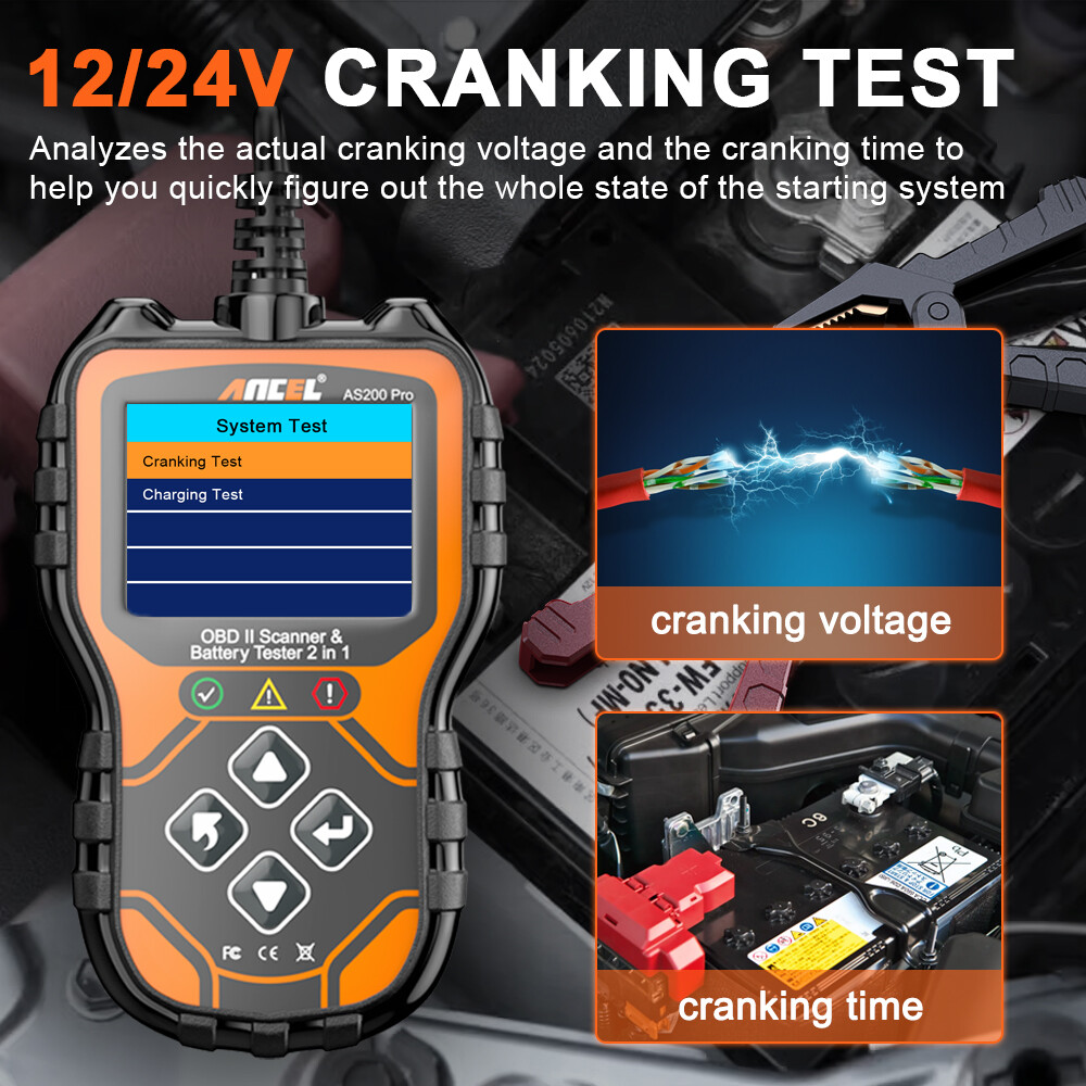 ANCEL AS200 Pro Car OBD2 Diagnostic Scanner Code Reader 12/24V Battery Tester