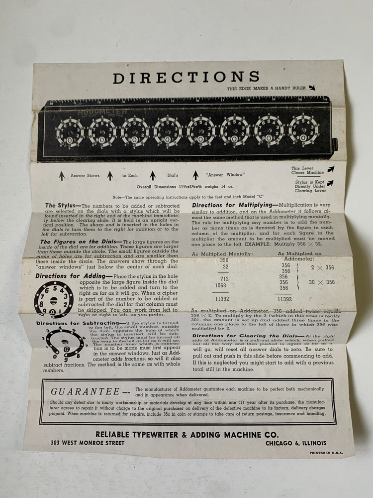 Vtg. ADDOMETER Reliable Typewriter & Adding Machine Co. w/ org. box & directions