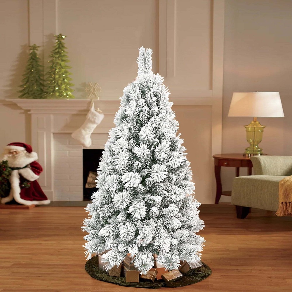 4-9 Ft Snow Flocked Artificial Christmas Tree Frosted Pine Tree Foldable Base