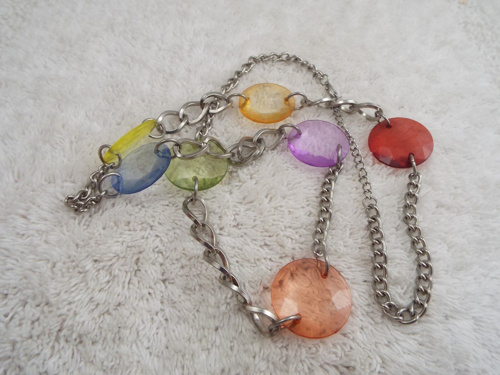 Silvertone Colorful Bead Chain Necklace (K3)
