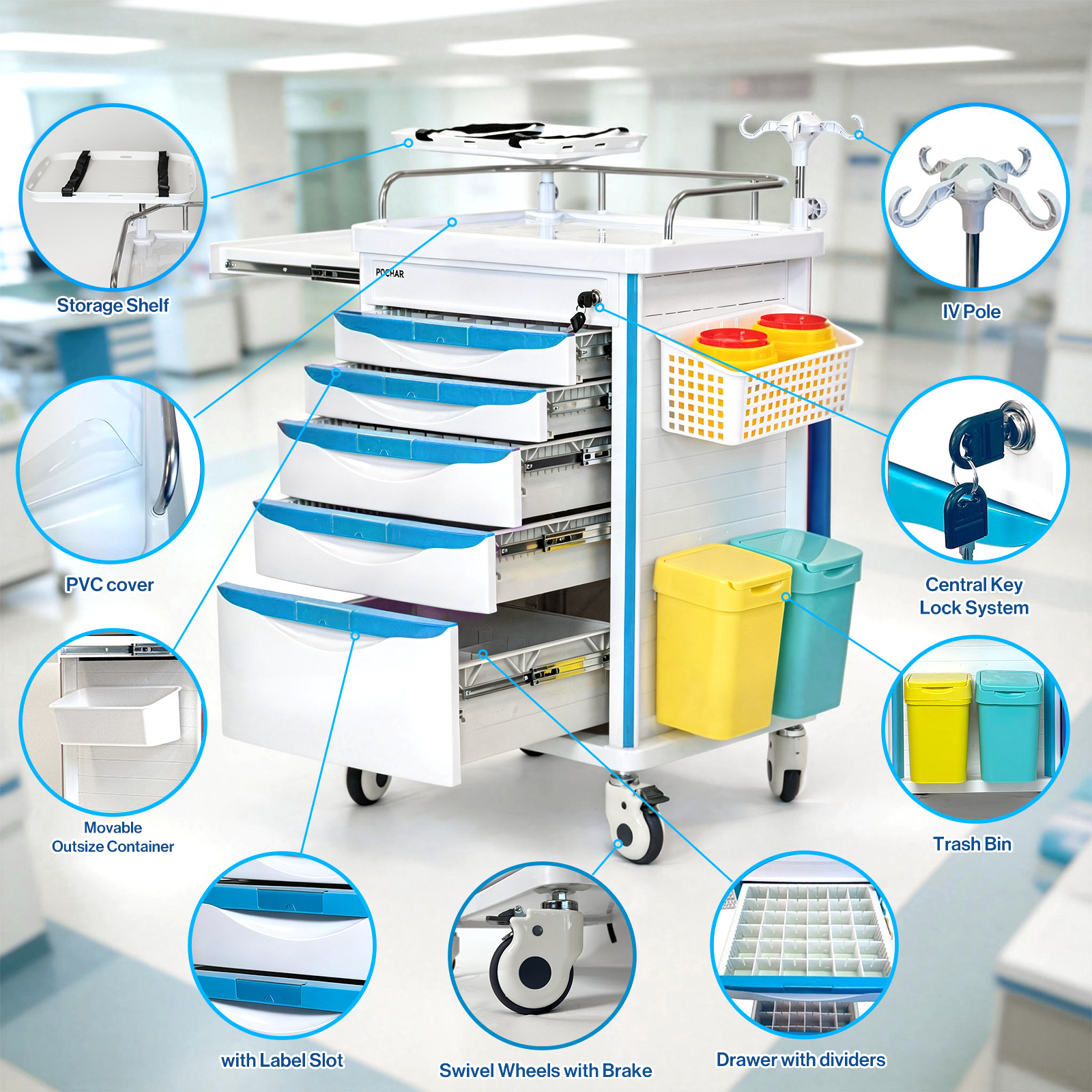 Medical Crash Cart with Emergency Accessory, Emergency Cart for Hospitals Clinic