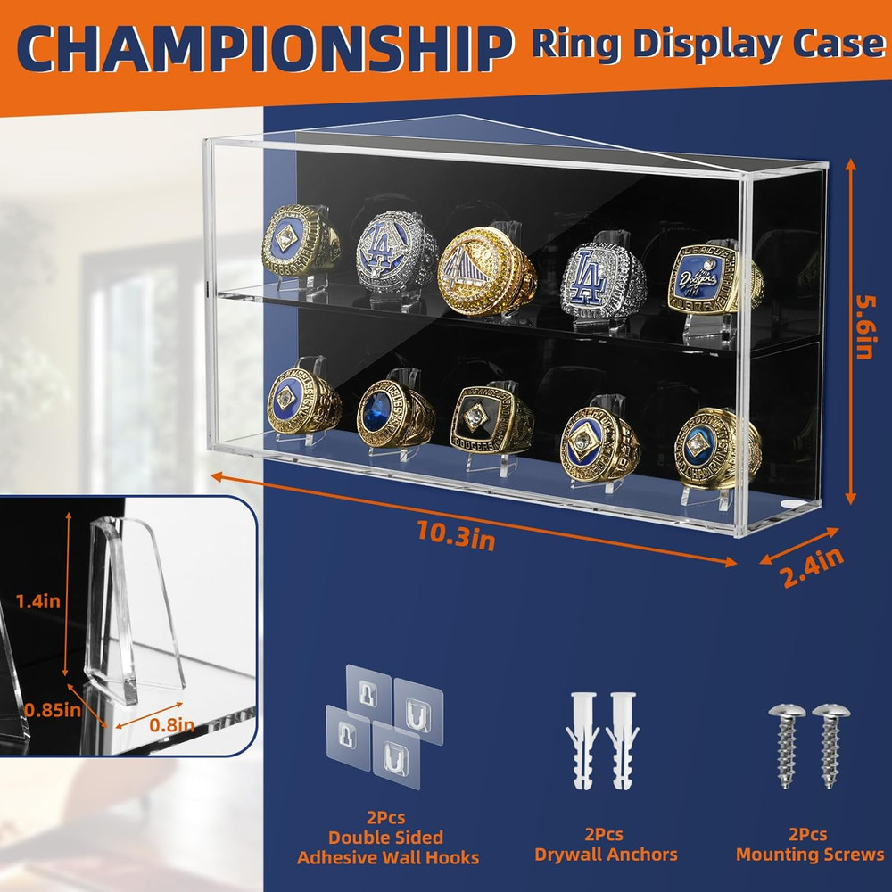Championship Ring Display Case, 10 Ring Slots Baseball Ring Display Box Acrylic