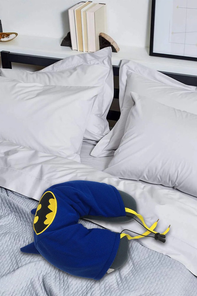 DC Batman U-Shaped Pillow with Ears, 360° Soft Head & Neck Support-Drawstr