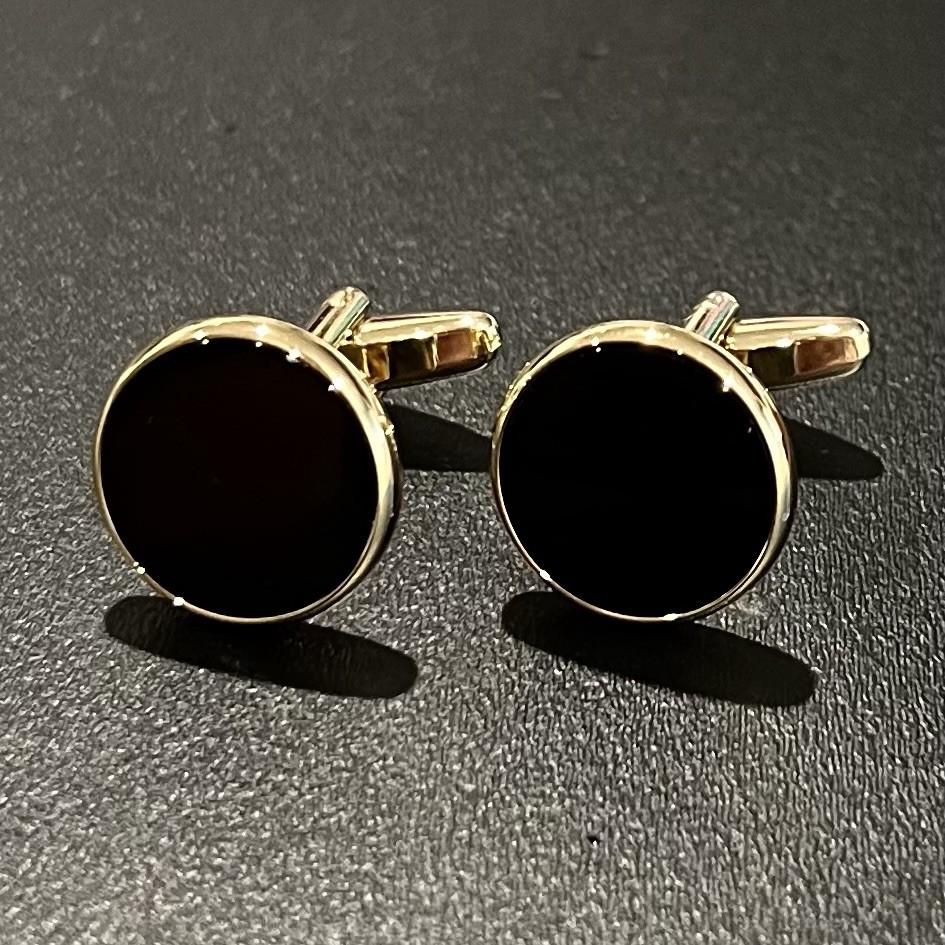 Gold Rim Round Onyx Daily Wear Cufflinks Men Birthday Gift Cuff Link With Box
