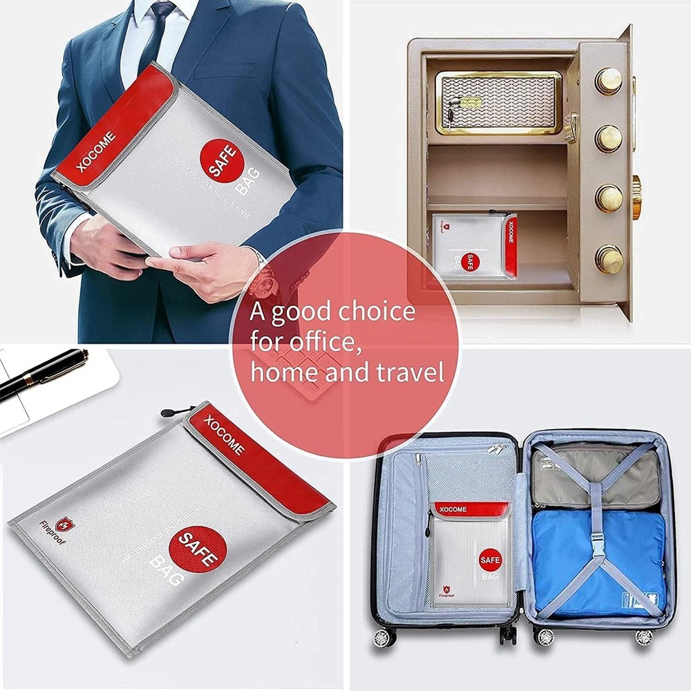 Fireproof Waterproof Bags, Two Pockets Fireproof Document Bag (2000℉) with Zippe