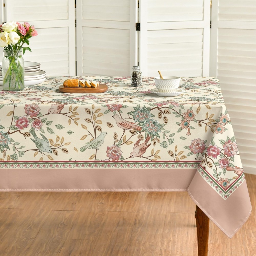 Floral Rectangular Tablecloth 60x84 Inch Birds 60" x 84" (Rectangular) Pink