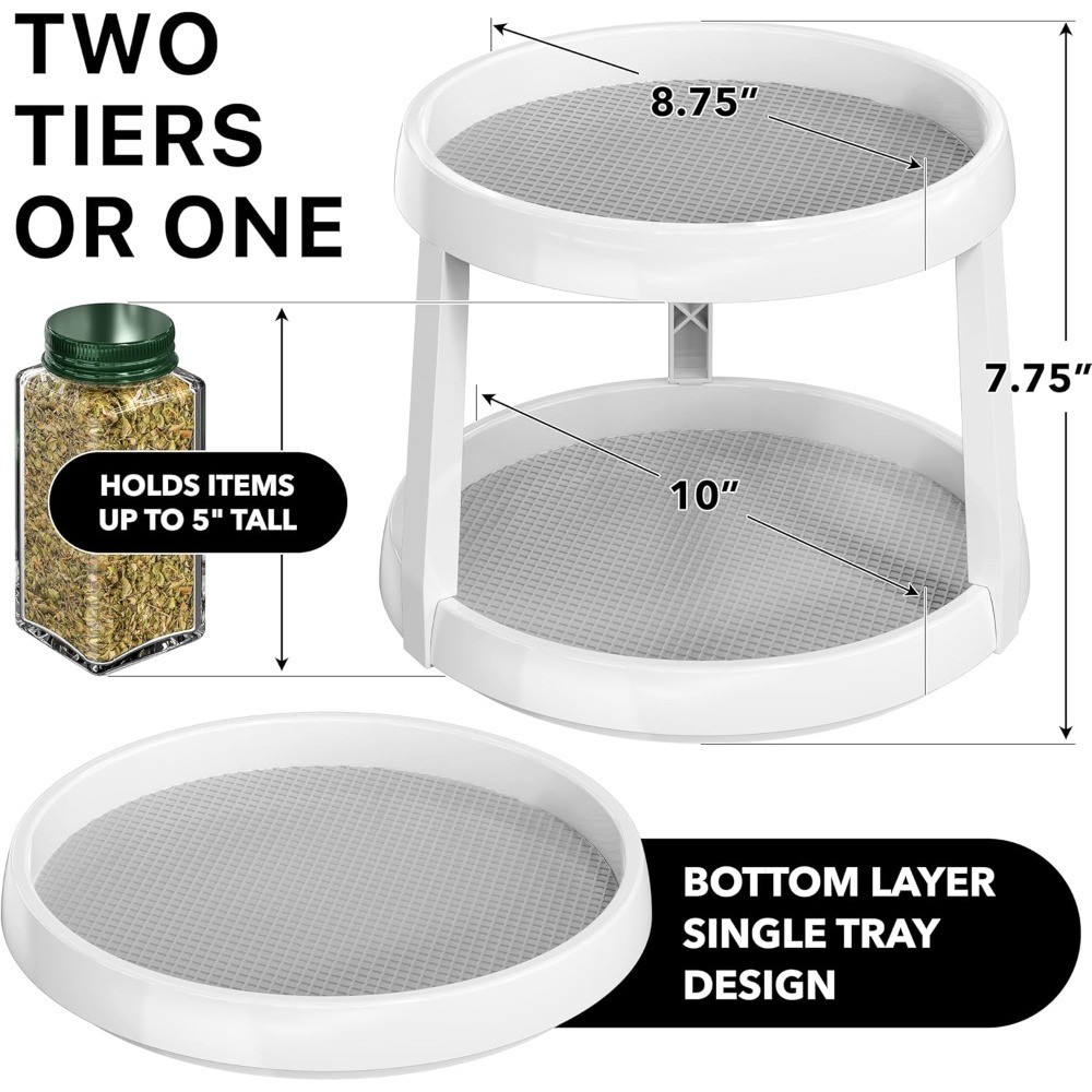 2-Tier Rotating Spice Rack Organizer, 10-Inch Diameter, White and Gray Kitchen
