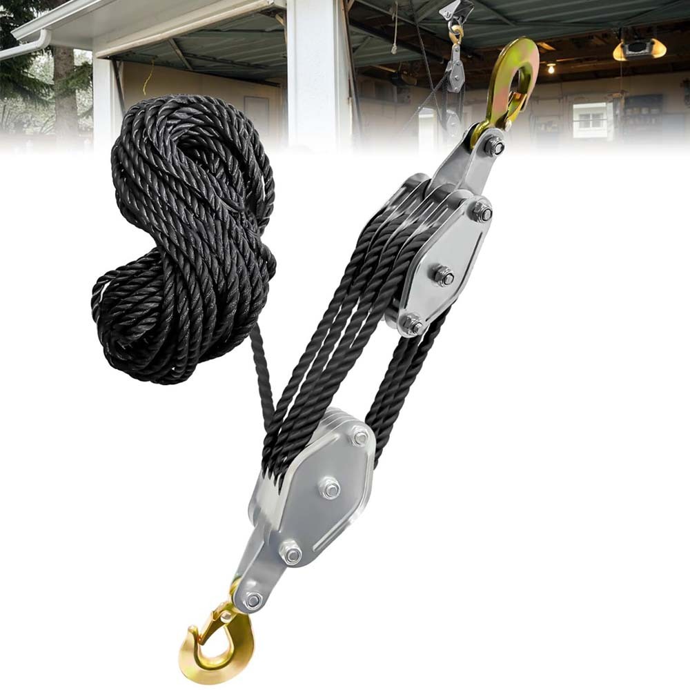 Rope Hoist Pulley System 4400LB Block and Tackle Pulley System 8:1 Lifting Black