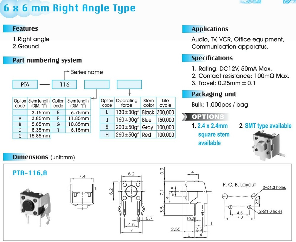 2 X Momentary Pushbutton Micro Switches - Right Angle PC Board Mount - Pacer