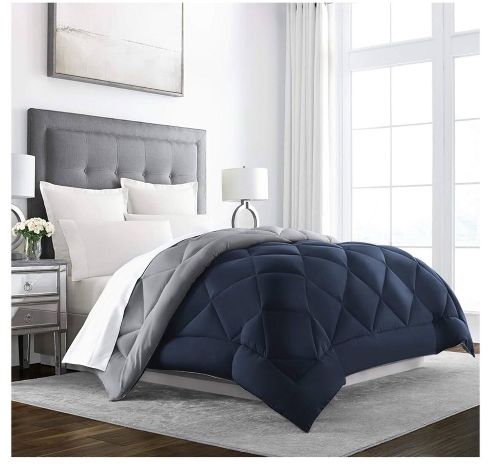 King Size Comforter Reversible Bed Duvet Insert Thick Soft Navy / Gray Washable