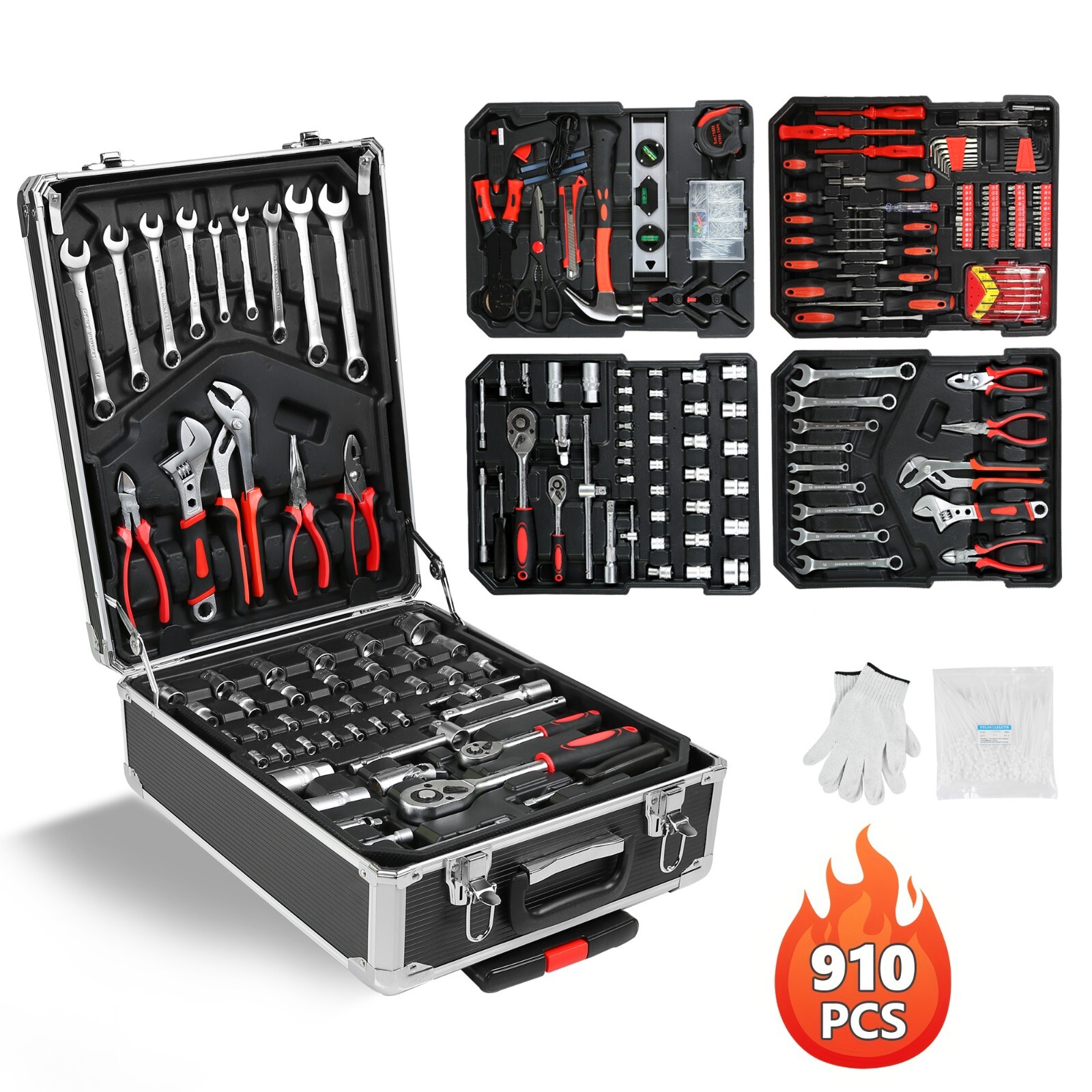 910 Piece Mechanics Tool Set Metric Socket Wrench Set Repair Tool Kit with Case