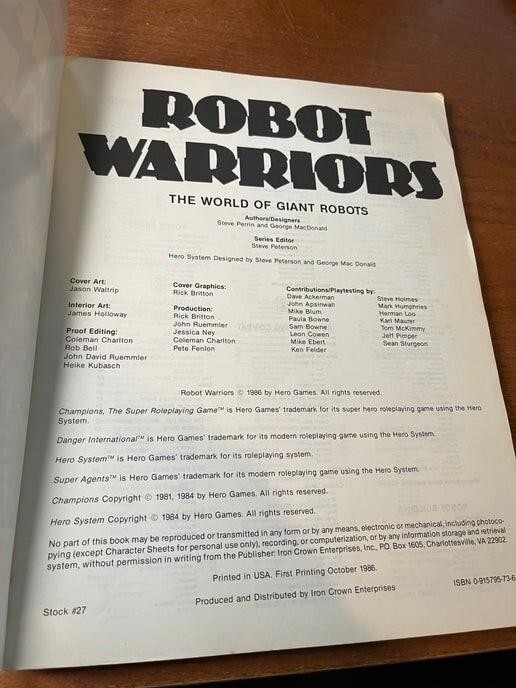 Robot Warriors Hero Games RPG- Fair Condition