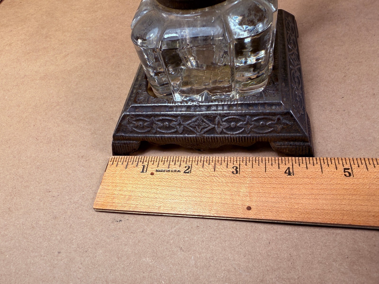 Antique Victorian Cast Iron Inkwell and Pen Holder with Glass Inkwell