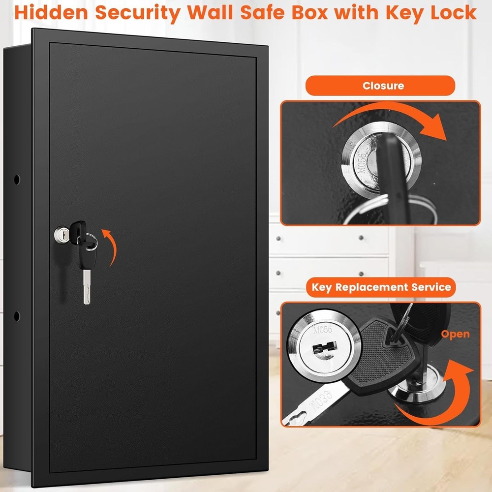 22" In Wall Safe Between Studs Lockable w/ Shelf & Key Hooks Home Security Box