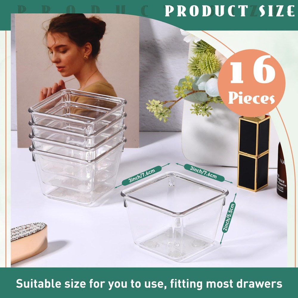 Tioncy 16 Pcs Stackable Clear Drawer Organizer Set 3" x x 2" Small clear