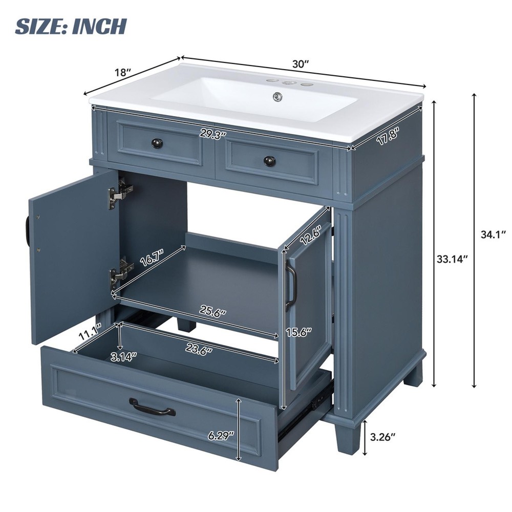 Retro 30'' Bathroom Vanity with Ceramic Basin, Sturdy Solid Wood Frame,