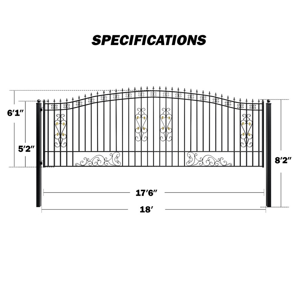 ZUMI 18x6 ft Single Swing Driveway Gate Yard Security Gate Floral Scrollwork