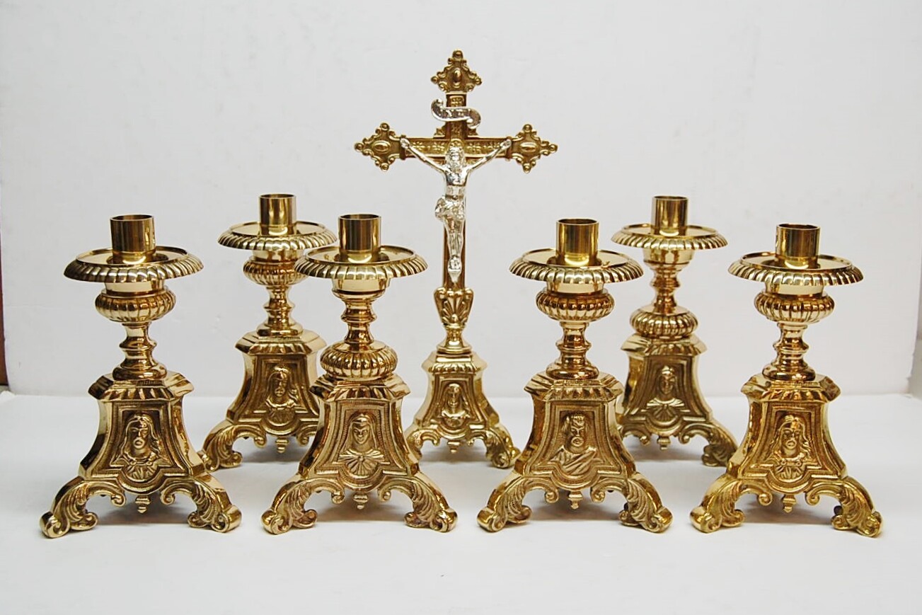 SET OF 6 SHORT 6" BRASS JMJ ALTAR CANDLE STICKS & ALTAR CROSS - 175sh