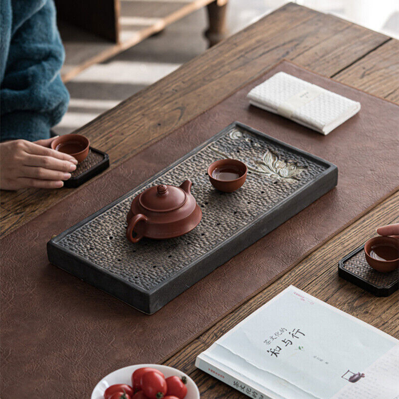 Lotus Engraved Rectangle Tea Tray Water Draining Reservoir Serving Tray Ceramic