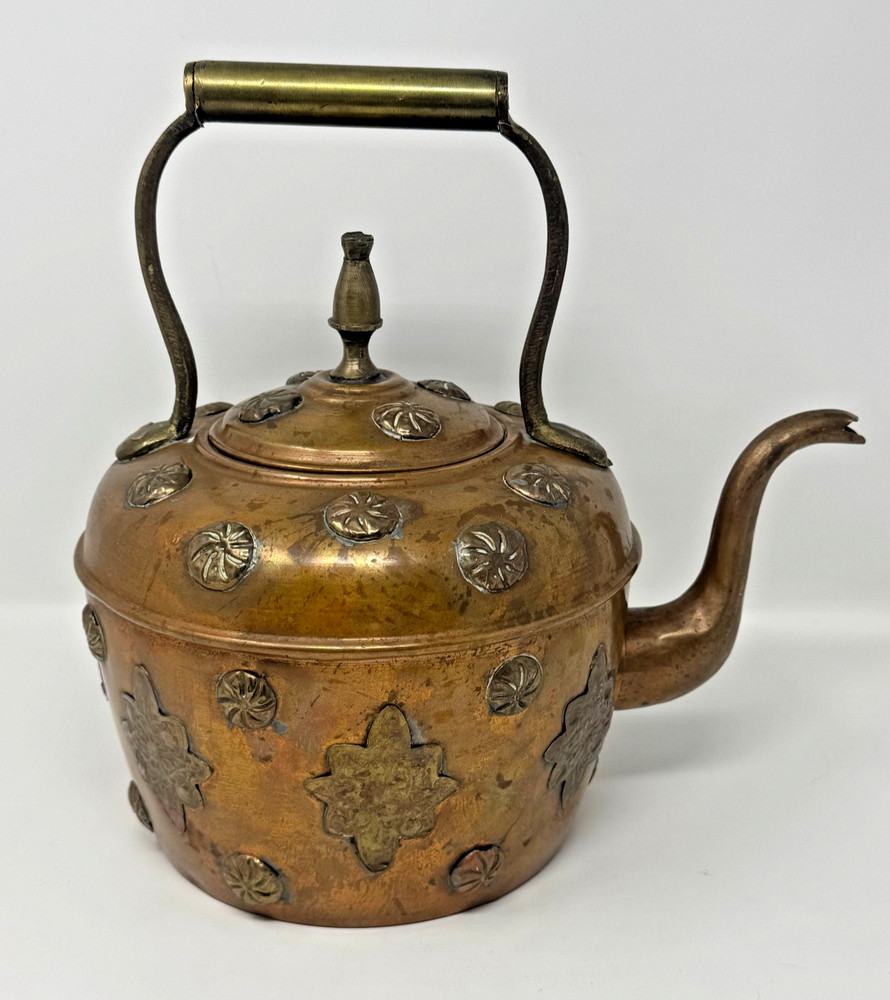 Copper Teapot Kettle with Floral Decorations Rustic Distressed Middle Eastern