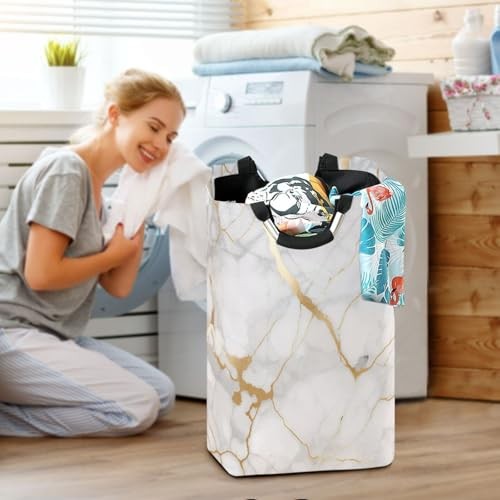White Gold Marble Texture Laundry Basket Collapsible Laundry Hamper with