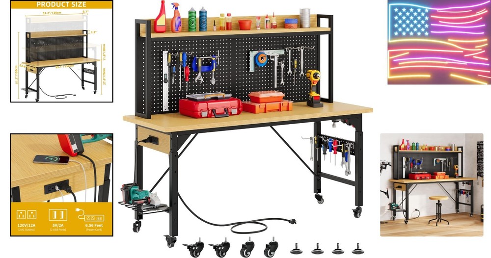 60" Adjustable Workbench with Pegboard, Heavy Duty Wood Top Work Bench with W...