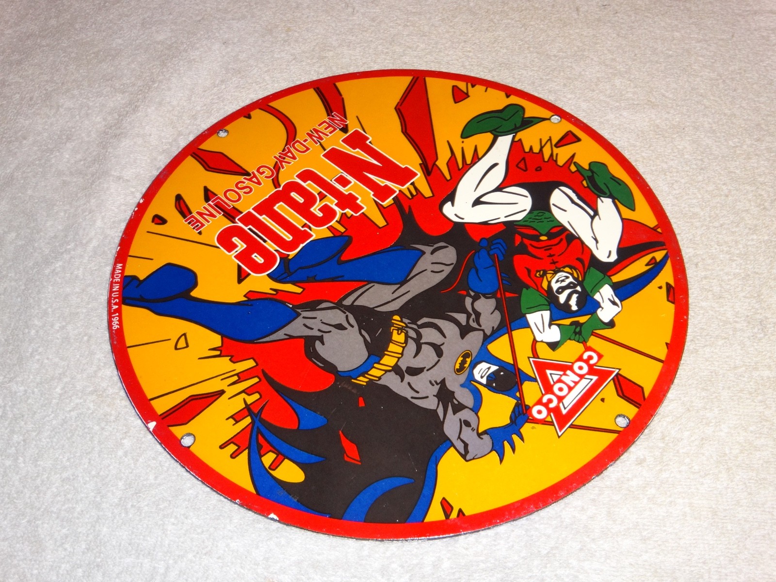 VINTAGE 1966 CONOCO GASOLINE W/ BATMAN & ROBIN 11 3/4" PORCELAIN METAL OIL SIGN!
