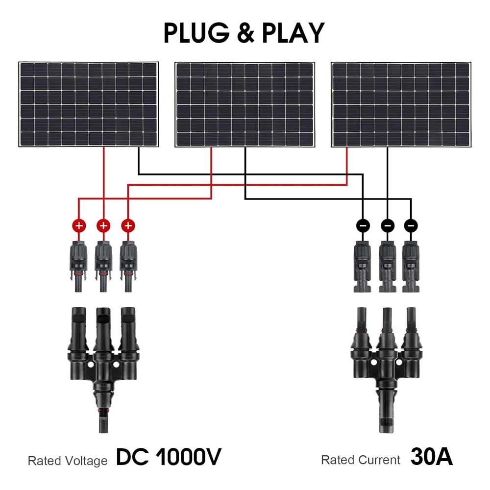 Solar Panel Connectors T Branch Cable Splitter Coupler 3 Way Parallel Connection