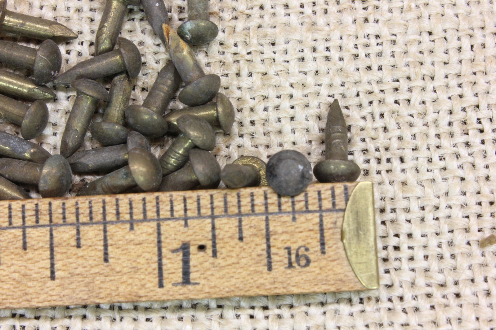 1/2” Old Brass 25 Nails Tarnished Escutcheon Pins Vintage 1/4” Domed Heads 13 Ga