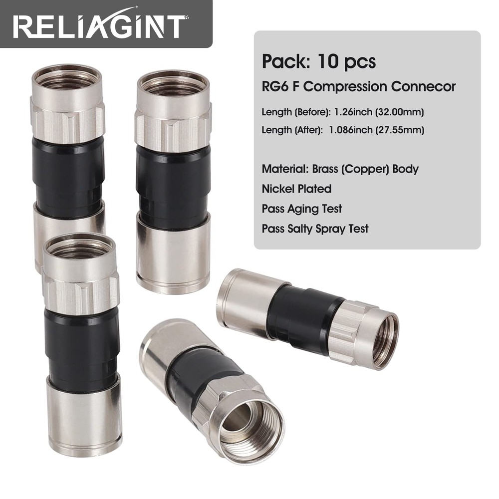 10 Pack Coaxial Cable Connector, 75 Ohm F-Type Waterproof Brass Compression C...