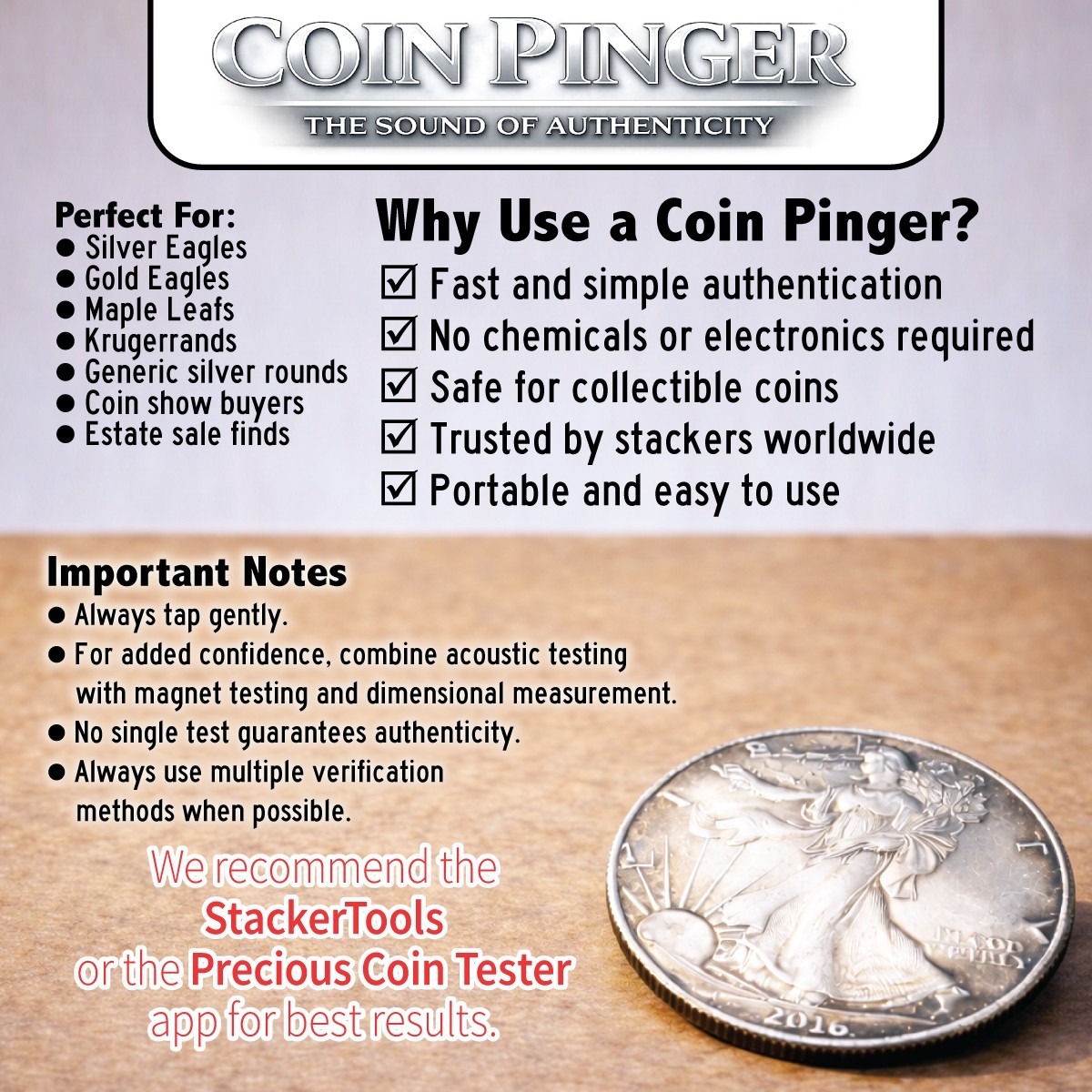 Coin Pinger Deluxe Kit – Gold & Silver Coin Ping Test Kit, Ping Resonance Tester