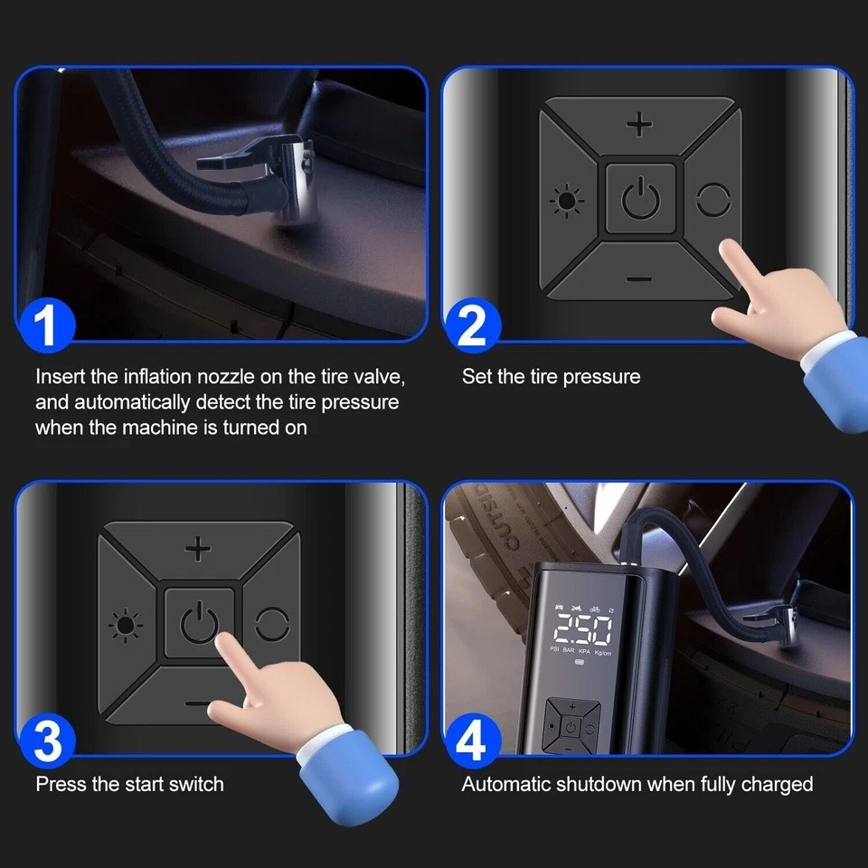 150 PSI Air Compressor Tire Inflator Fits Car Moto Bike Tires Air Pump Cordless