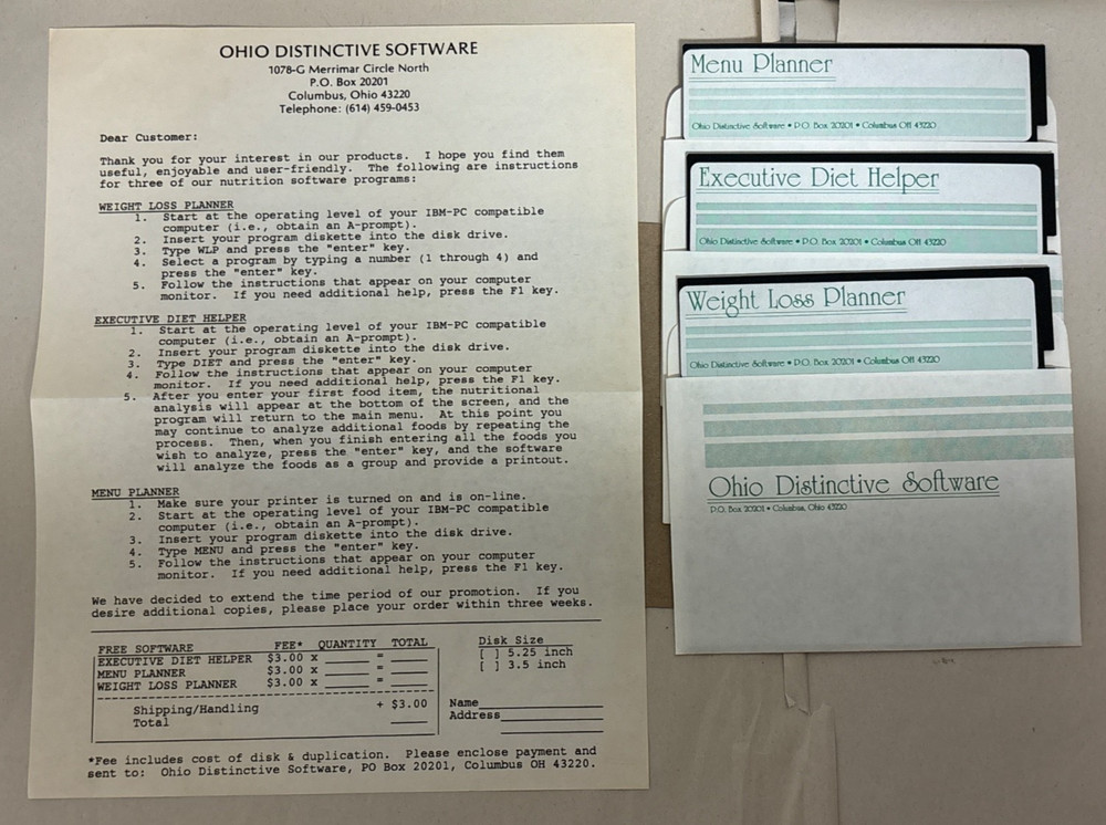 Ohio Distinctive Software - Menu/Diet/Weight Loss Planning Software 5.25" Floppy