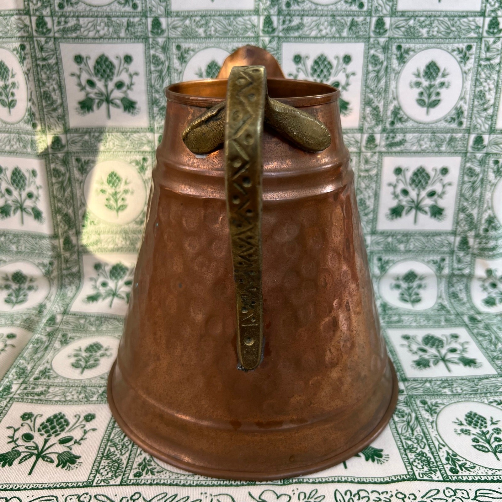 Vintage 1950s Hammered Copper Pitcher Jug Brass Handle Rustic Kitchen Decor