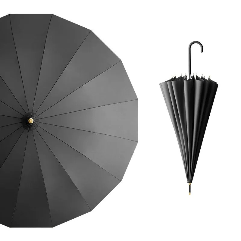 Long Handle Umbrella Automatic 16 Bone Storm Resistant Black Coating Rain Sun
