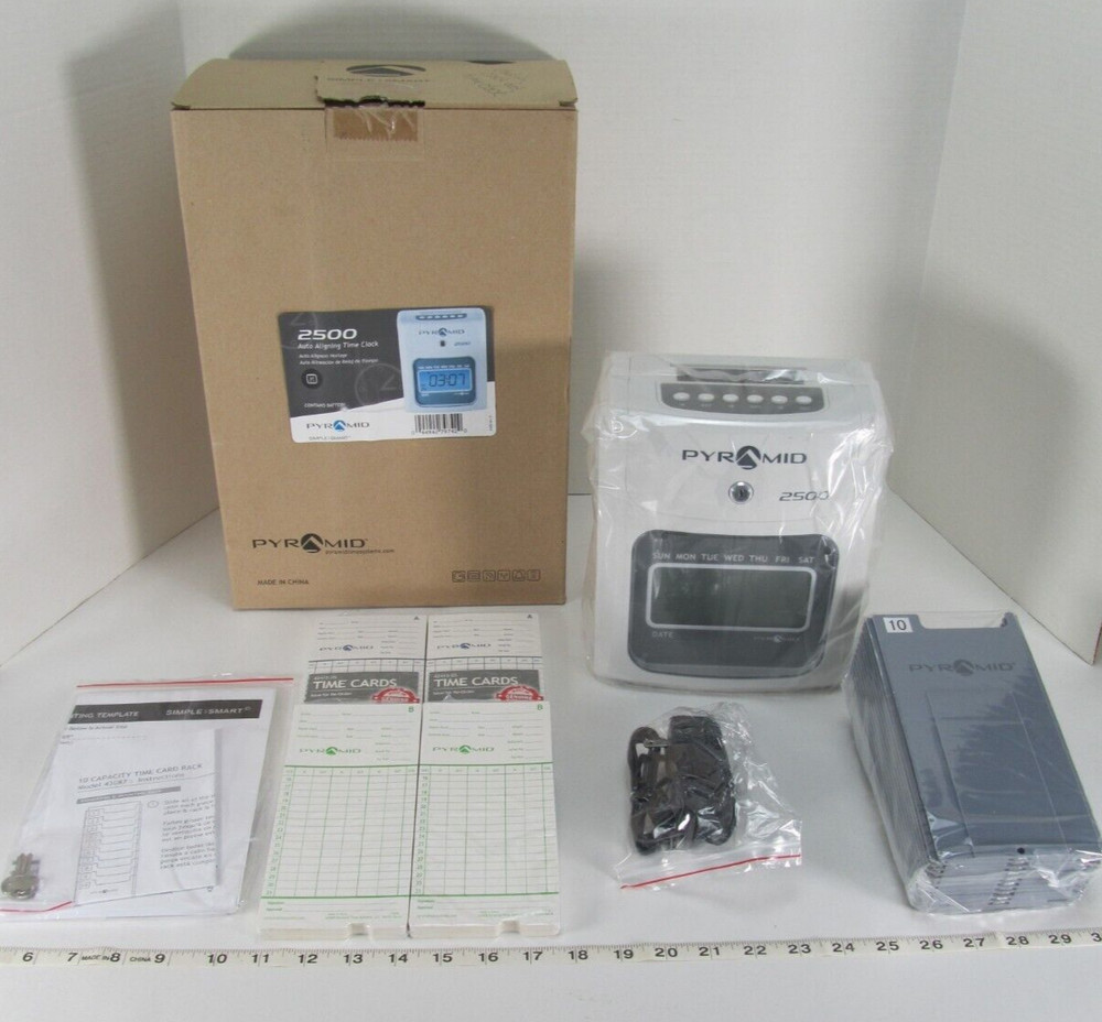New Pyramid Auto Aligning Time Clock 2500 6 Column with Time Cards & Rack LCD