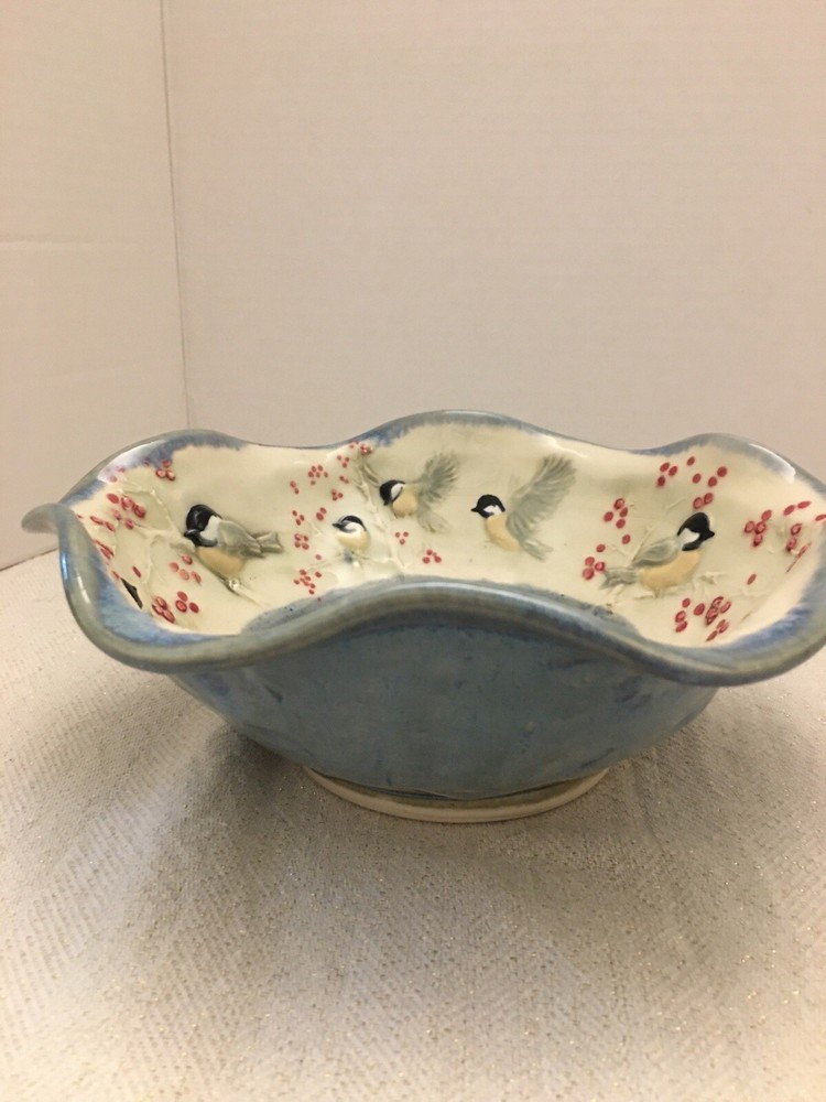 Jen Stein Art Pottery Bowl Decor Piece Chickadee Pattern