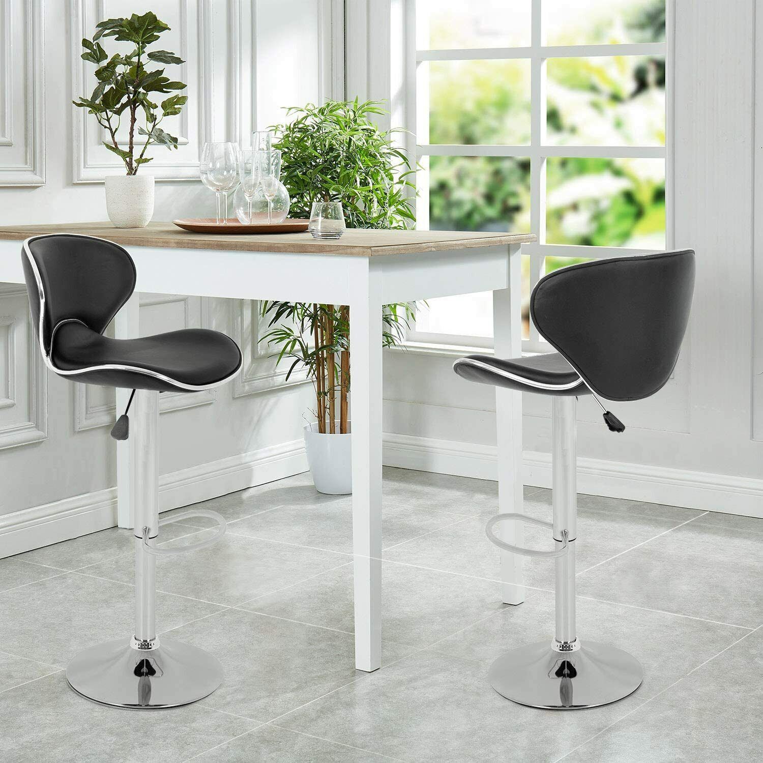 Set of 2 Bar Stools Black PU Leather Modern Hydraulic Swivel Dinning Chair