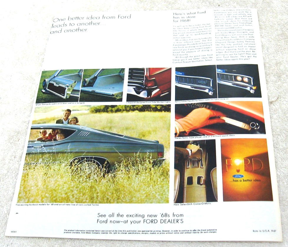 VINTAGE 1968 FORD 500 MUSTANG TBIRD FALCON LTD LX TORINO BROCHURE
