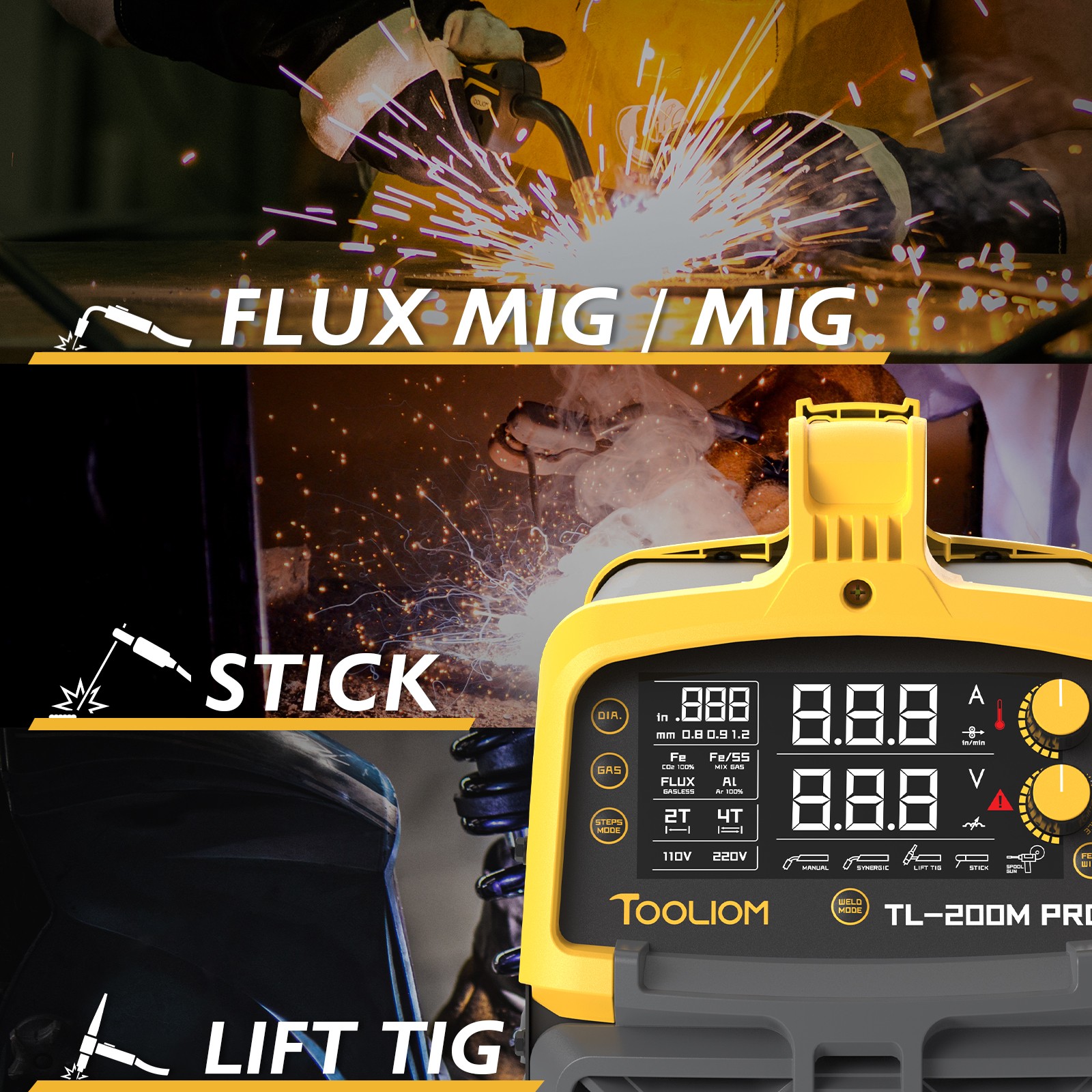5in1 200A MIG Aluminum Welder MIG/Flux MIG/Lift TIG/Stick/Spool Gun 110/220V