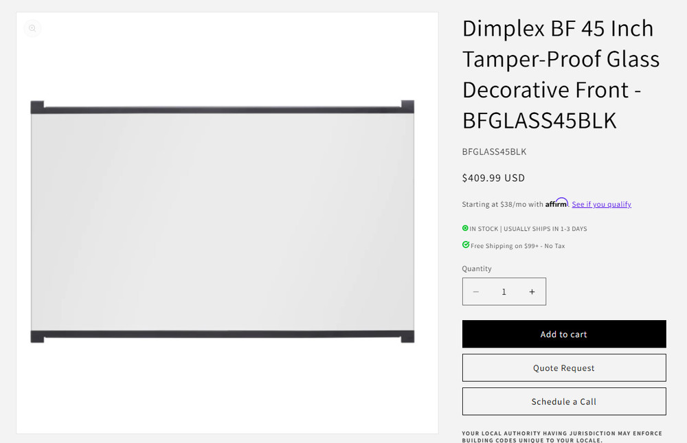 Dimplex Single Pane Tamperproof Glass Panel BFGLASS45BLK