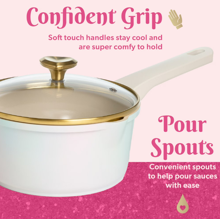 Ceramic Nonstick Cast Aluminum Cookware Set, Iridescent White, Heart Knobs